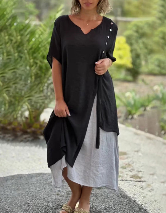 Damen nan zweilagiges Hemdkleid mit asymmetrischem Lagenrock, seitlicher Zierknopfleiste und Tunnelzug EB