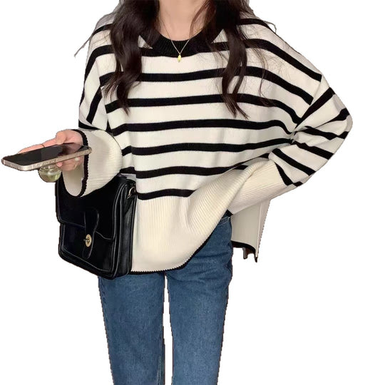 Damen gemütlicher Strickpullover mit Streifen EB