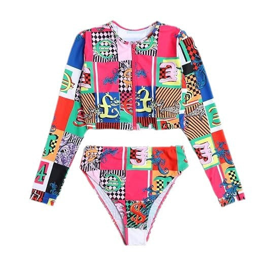 Damen Surf-Bikini-Set mit langärmeligem Oberteil und modischem Reißverschluss EB