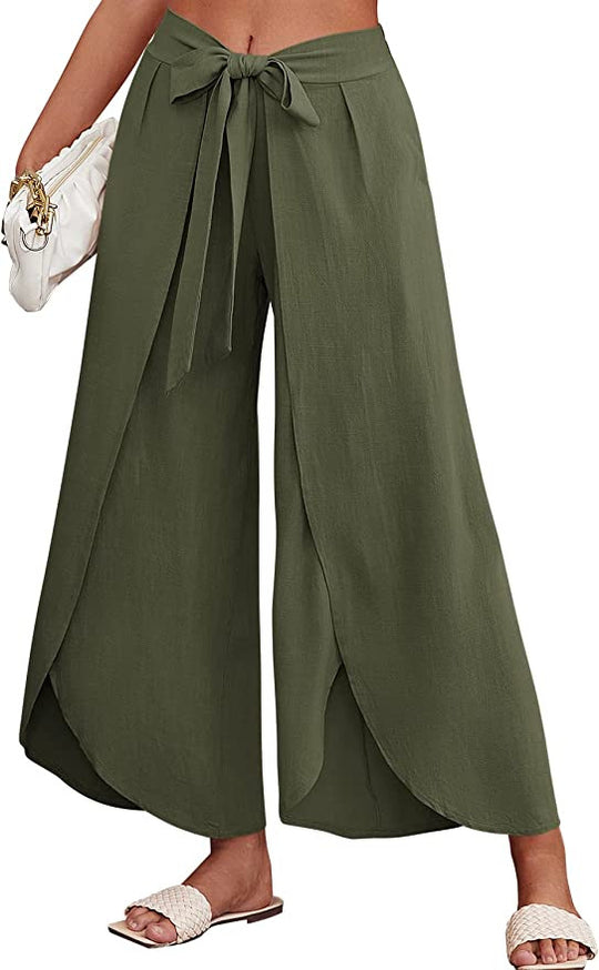 Damen Weite Sommerhose aus leichtem, atmungsaktivem Stoff mit Bindegürtel EB