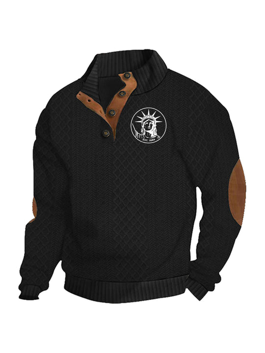 Herren nan Heritage-Strukturpullover mit Stehkragen Lederimitat-Besatz Ellenbogen-Patches und Halbknopfleiste EB