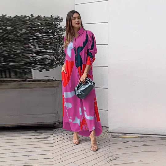 Damen lässiges Hemdblusenkleid mit buntem Grafikdruck und praktischen Taschen EB