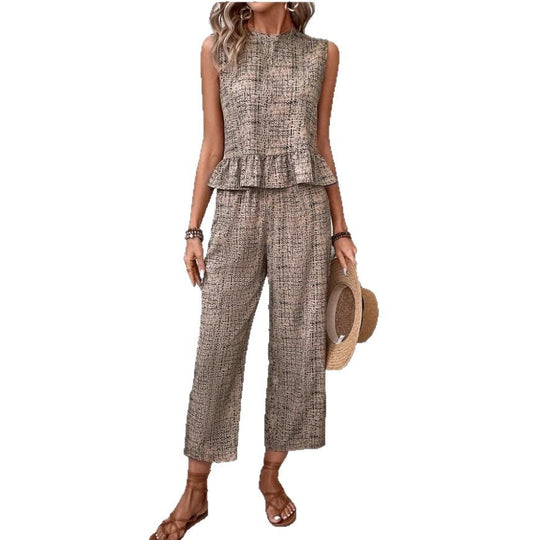 Damen zwei-teiliges Set mit peplum Oberteil und weit geschnittenen Hosen EB