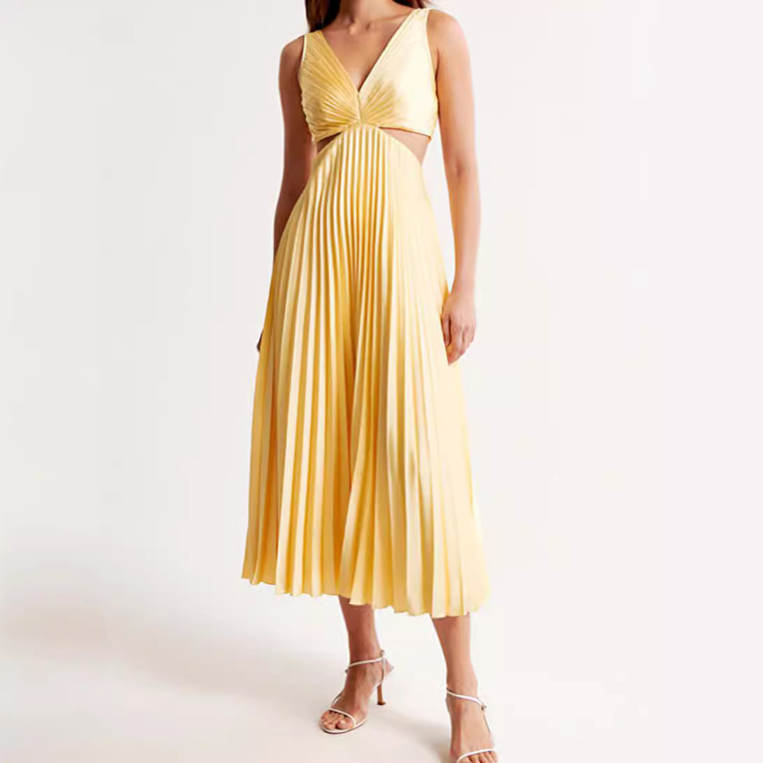 Damen Midikleid mit eleganten Plisseefalten und verführerischem V-Ausschnitt Heidi-Mode