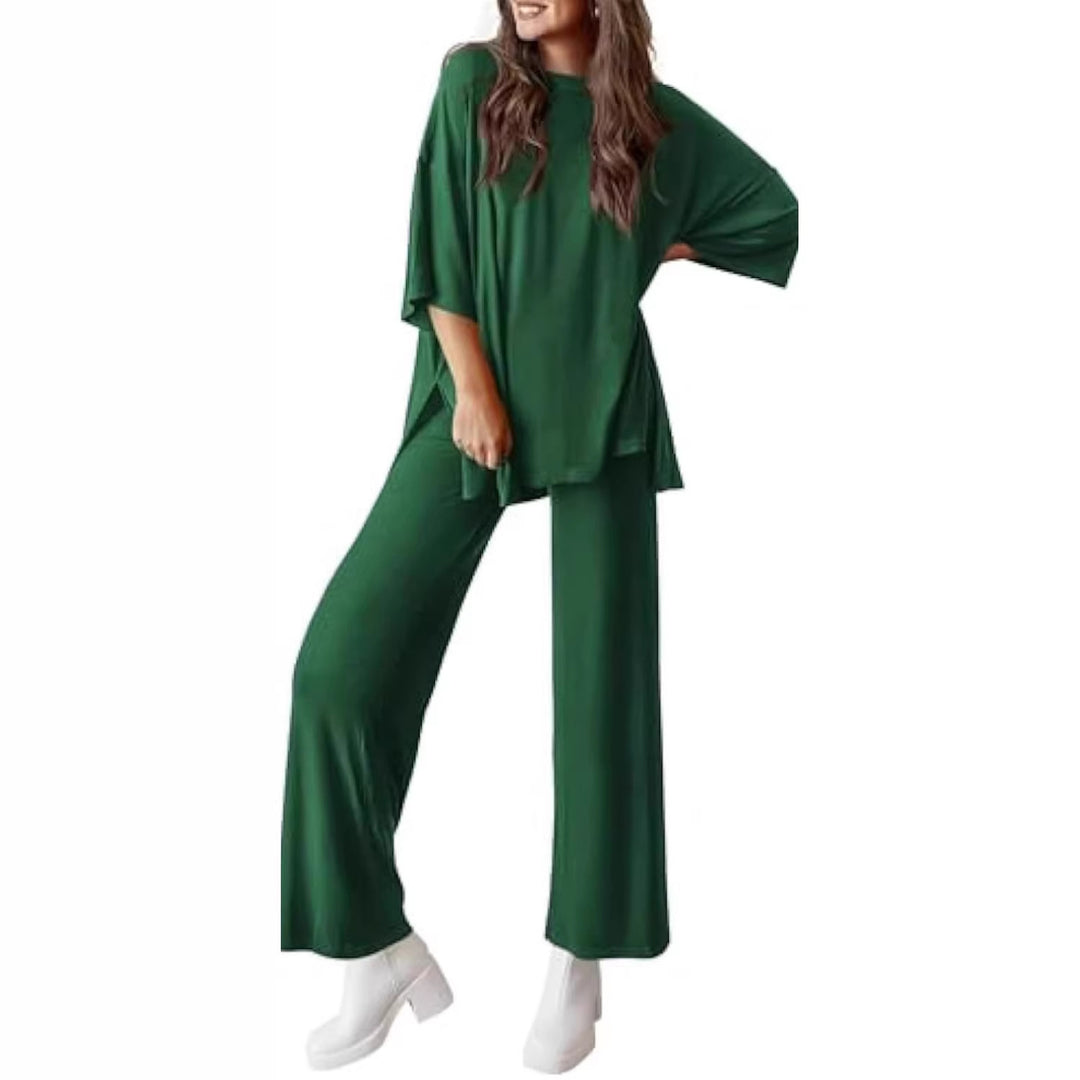 Damen Lässiges Lounge-Set aus weichem Jersey mit Oversize-Tunika und weiter Palazzo-Hose EB