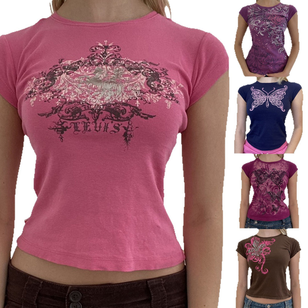 Damen lässiges Grafik-Crop-Top mit Rundhals-Ausschnitt EB