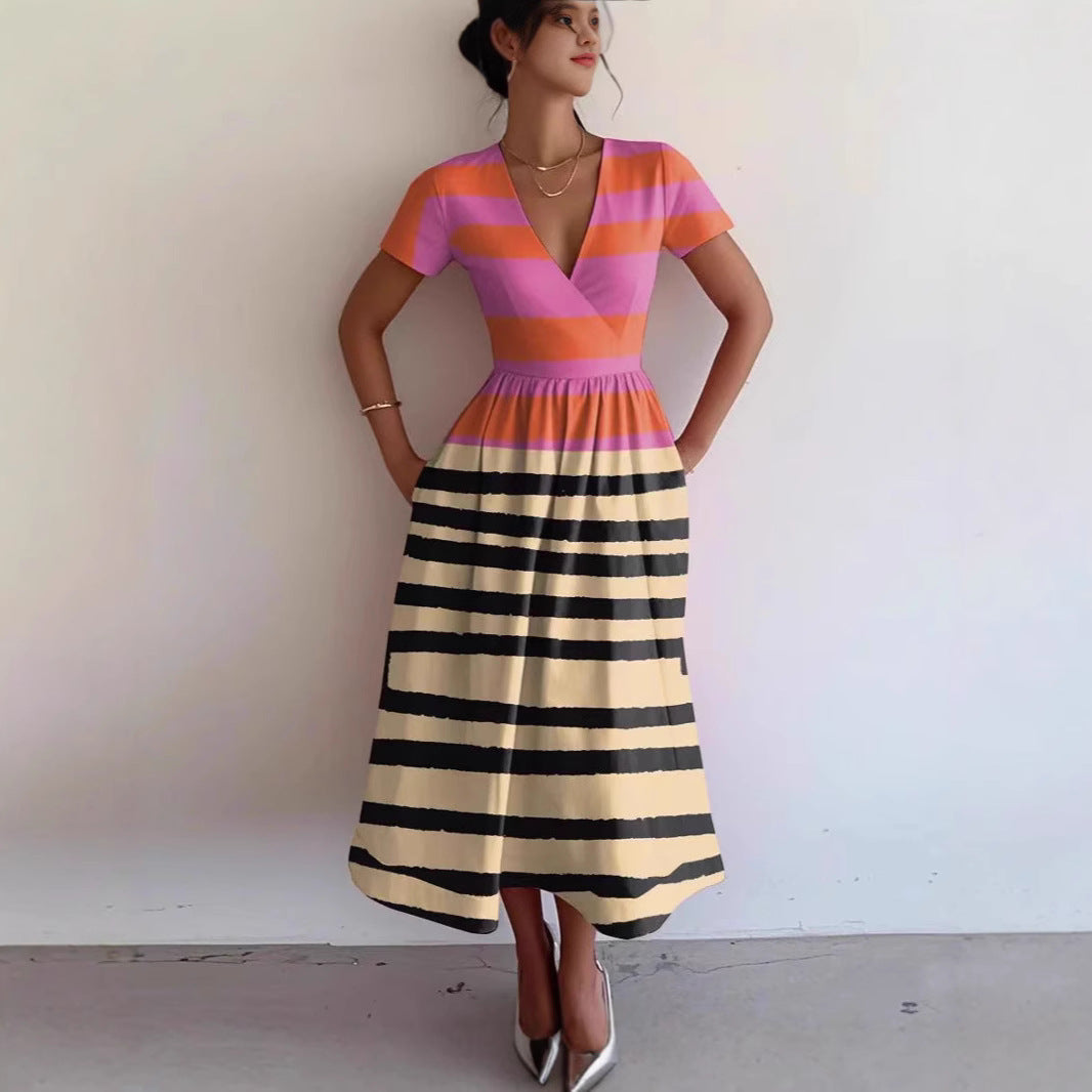 Damen Maxikleid mit tiefem V-Ausschnitt und modischem Streifenmuster EB