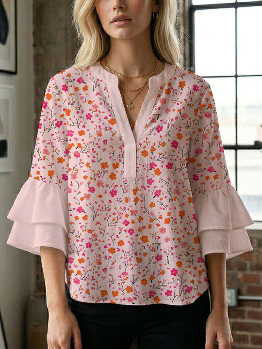 Damen Blusenshirt mit voluminösen Ärmeln und kreativem Druckdesign EB