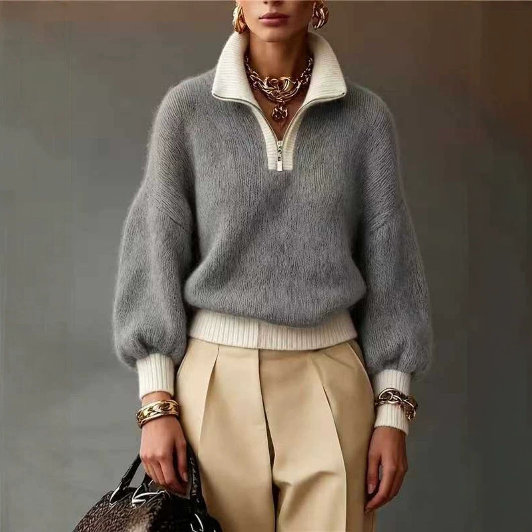 Damen Flauschiger Pullover mit halbem Reißverschluss, Stehkragen und Ballonärmeln EB