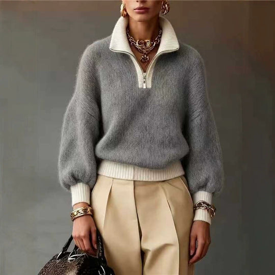 Damen Flauschiger Pullover mit halbem Reißverschluss, Stehkragen und Ballonärmeln EB
