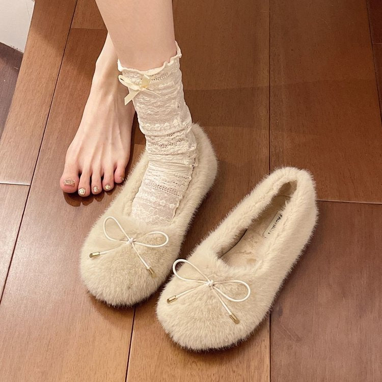 Damen Flauschige Pantoffeln mit dekorativem Bow EB