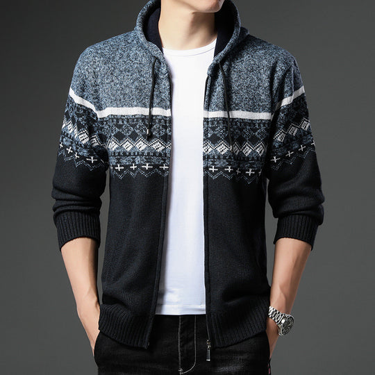 Herren gemusterte Strickjacke mit Kapuze und komfortablem Schnitt EB