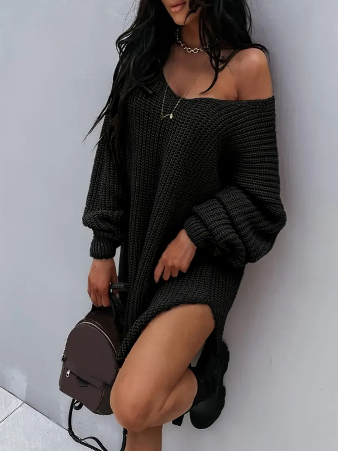 Damen lässiger Strickpullover mit tiefem V-Ausschnitt und ballonförmigen Ärmeln EB