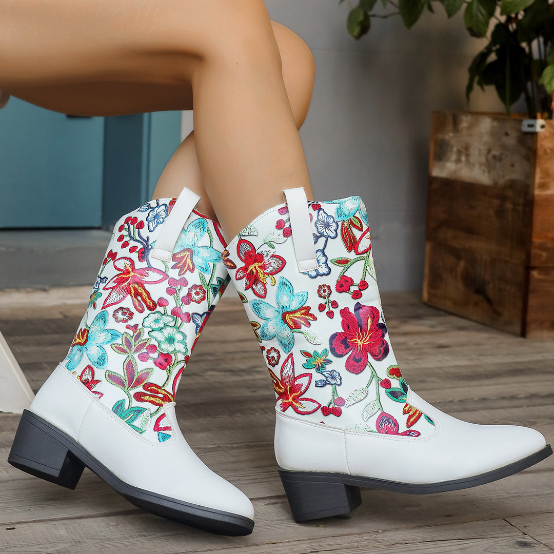 Damen Cowboy-Stiefel mit floralem Stickmotiv und komfortablem Blockabsatz EB