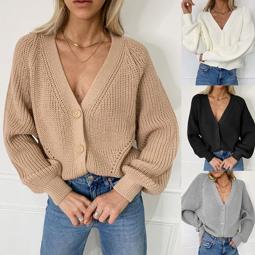 Damen Kurzstrickjacke mit tiefem V-Ausschnitt und Knopfdetails EB