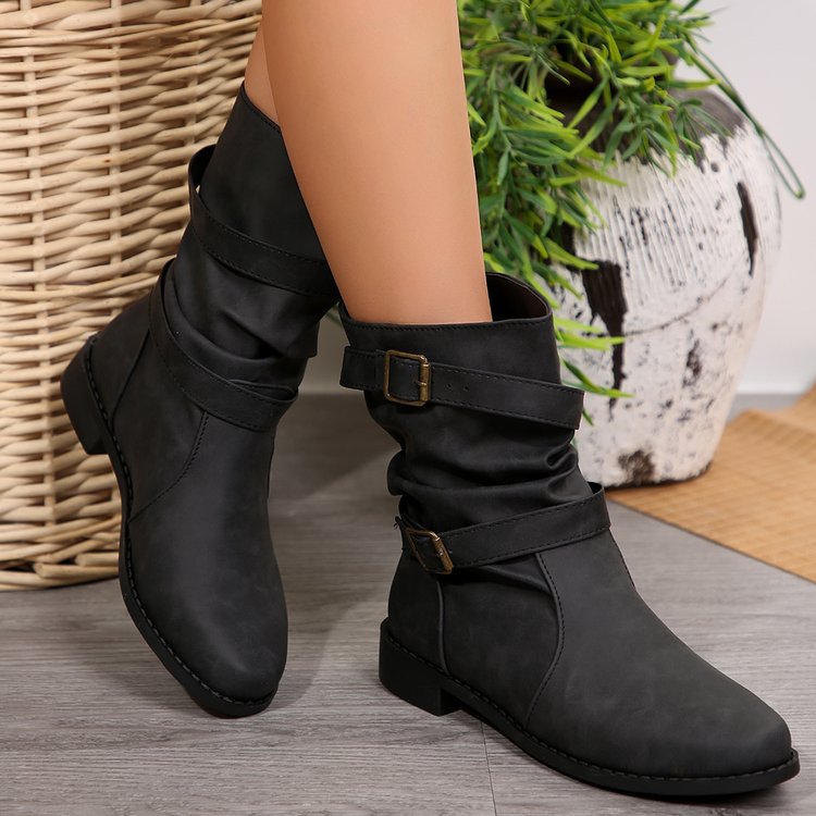 Damen nan lässige Slouch-Ankleboots mit zwei Zier-Riemen und dekorativen Metallschnallen EB