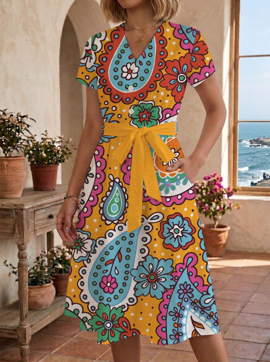 Damen lässiges Maxikleid mit taillierbarem Knoten und dekorativem Karomuster EB