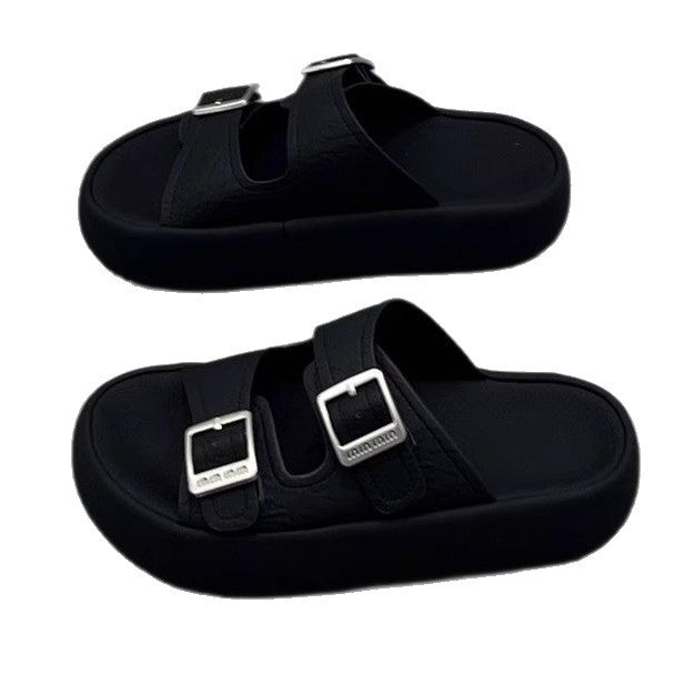 Damen komfortable Plattform-Pantoletten mit verstellbaren Riemen und ergonomischer Innensohle EB