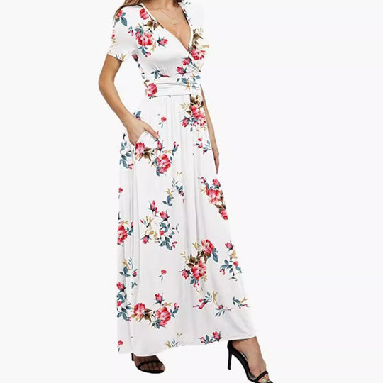 Damen Maxikleid mit tiefem V-Ausschnitt und floralem Design EB