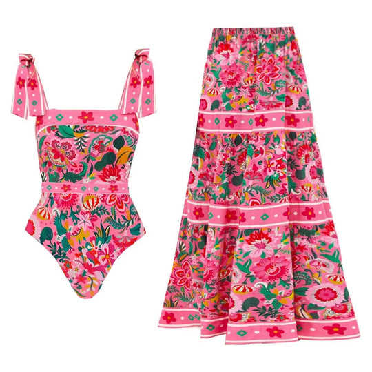 Damen Floral Motive Badeanzug mit verspieltem Trägerdesign EB