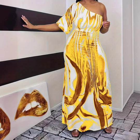 Damen Maxikleid mit asymmetrischem Schnitt und elegantem Muster EB