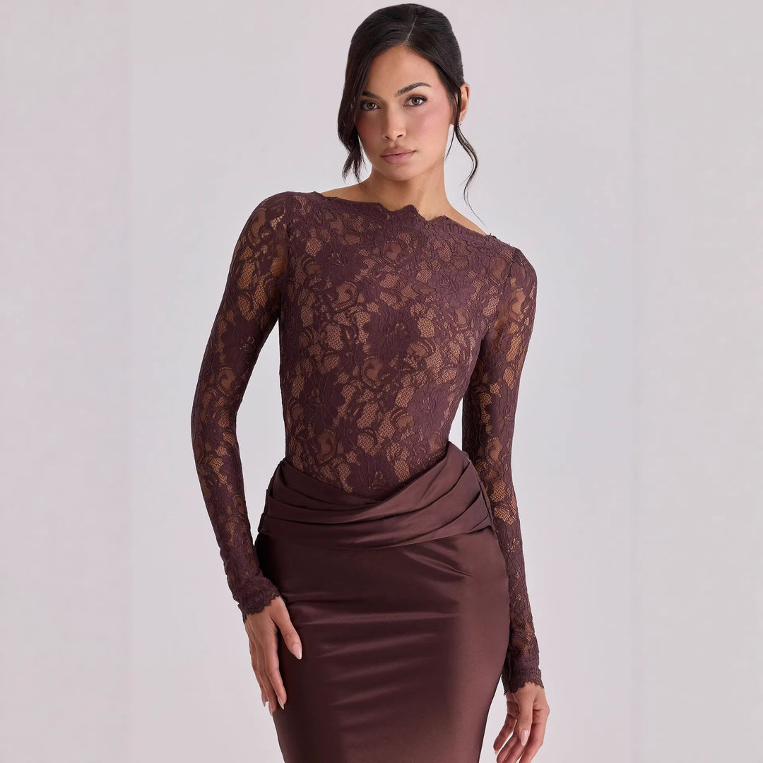 Damen Elegantes Spitzenoberteil mit fließendem Satinkleid EB