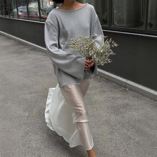Damen Oversized-Strickpullover mit weitem Arm und raffiniertem Saum EB