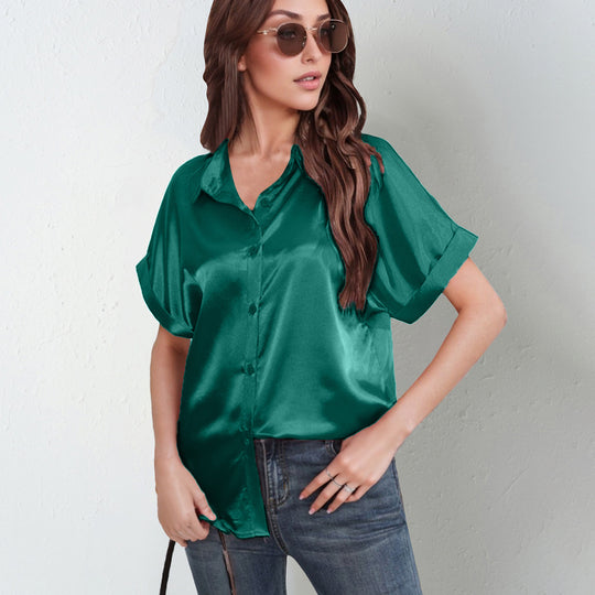 Damen Satin-Bluse mit großem Kragen und überschnittenen Schultern EB
