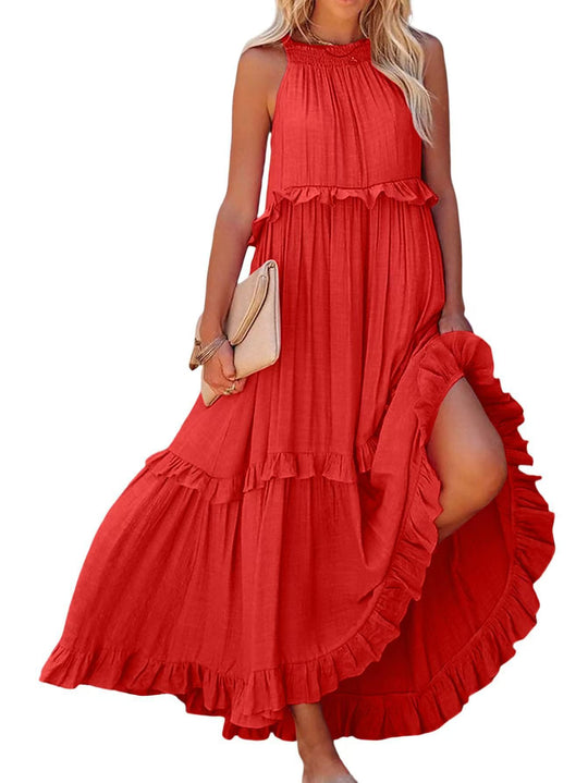 Damen Luftiges Maxikleid mit Rüschendetails und hoher Taille EB