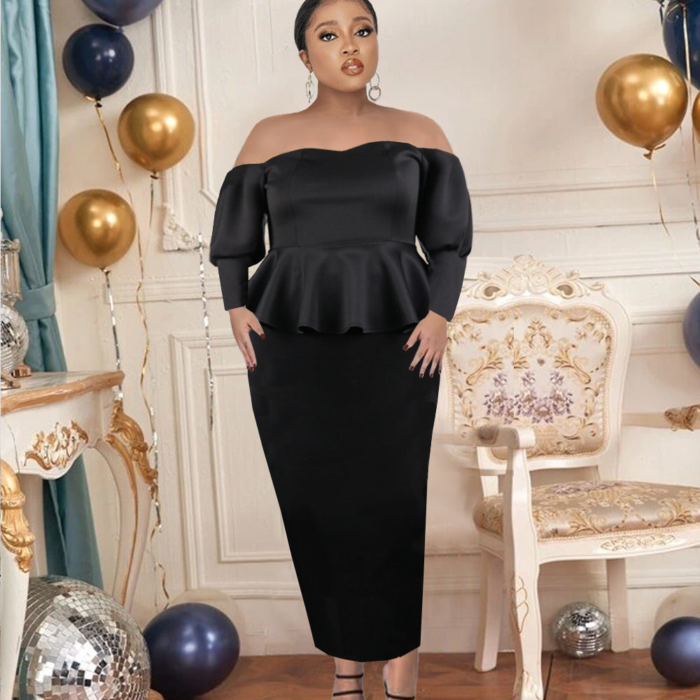 Damen Figurbetontes Peplum Kleid mit Off-Shoulder Ausschnitt EB