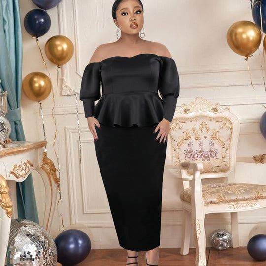Damen Figurbetontes Peplum Kleid mit Off-Shoulder Ausschnitt EB