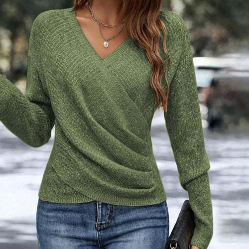 Damen nan figurbetonter Wickel-Strickpullover mit V-Ausschnitt und feiner Rippenstruktur EB