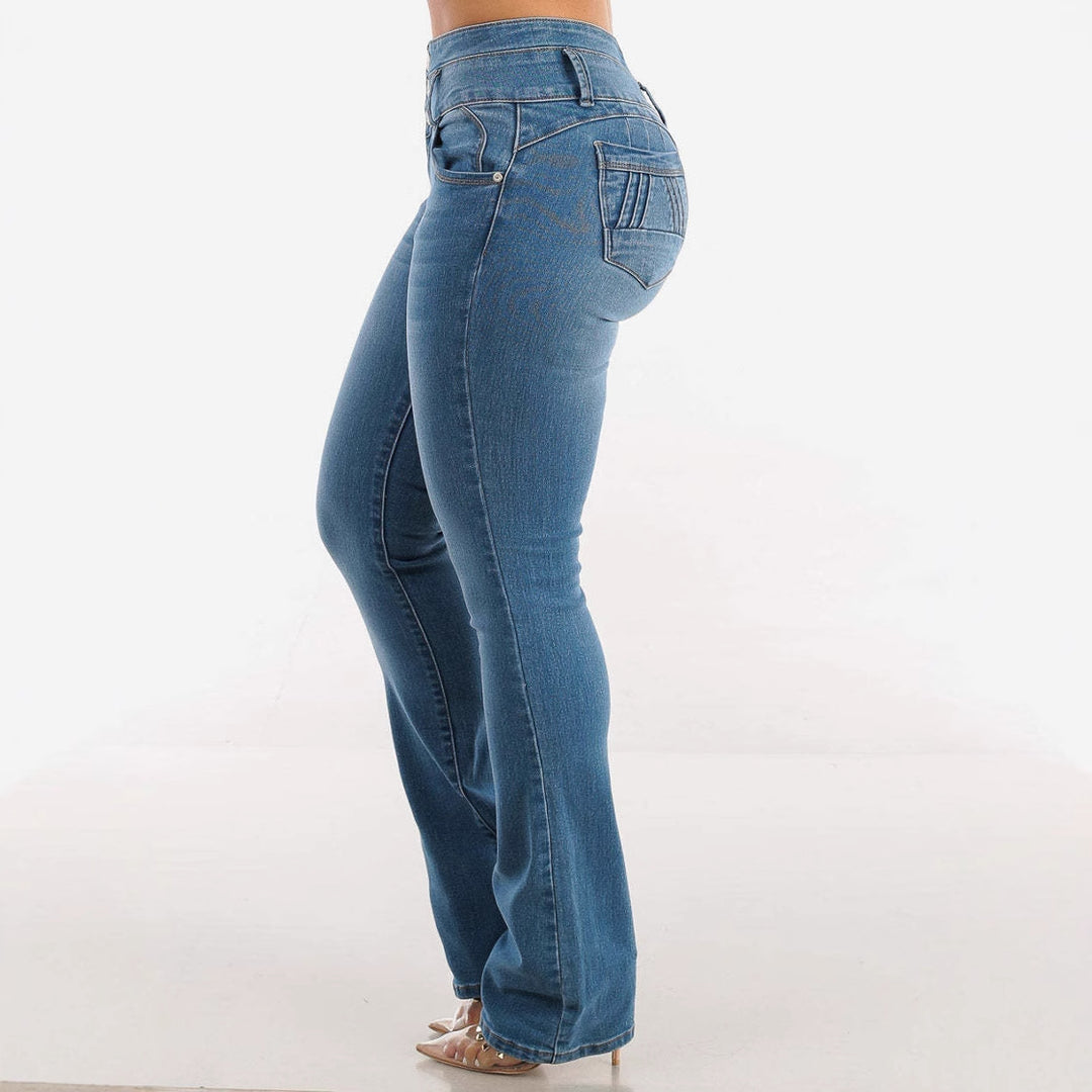 Damen Hochtaillierte Bootcut Jeans mit eleganten Knopfdetails EB