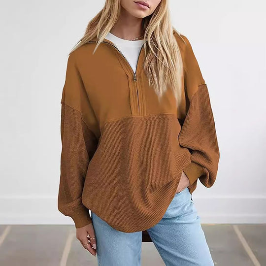 Damen lässiger Kapuzenpullover mit halblangem Reißverschluss und strukturiertem Material EB