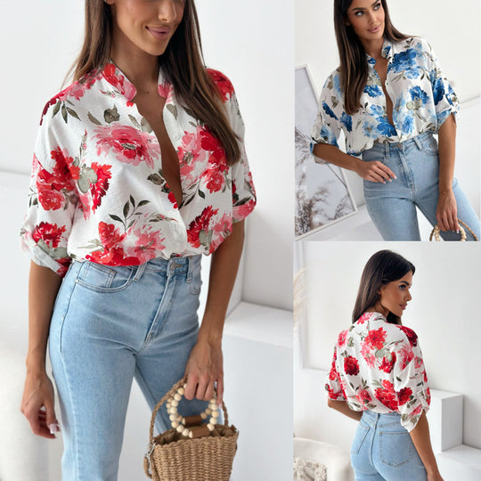 Damen blumige Oversize-Bluse mit kurzen Ärmeln EB
