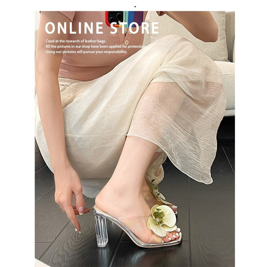 Damen transparente Mules mit eleganter Blütenverzierung und hohem Absatz EB
