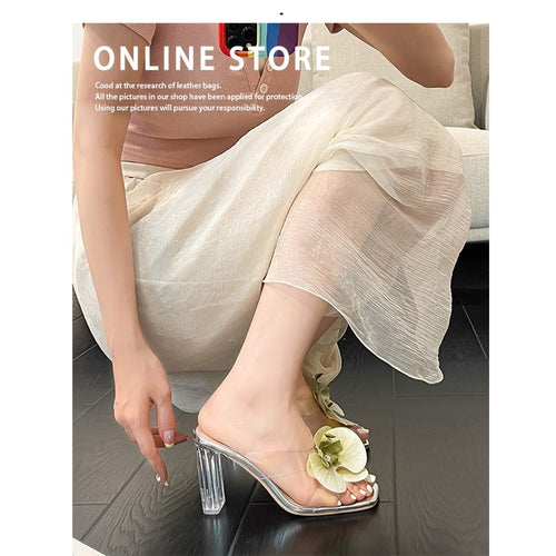 Damen transparente Mules mit eleganter Blütenverzierung und hohem Absatz EB