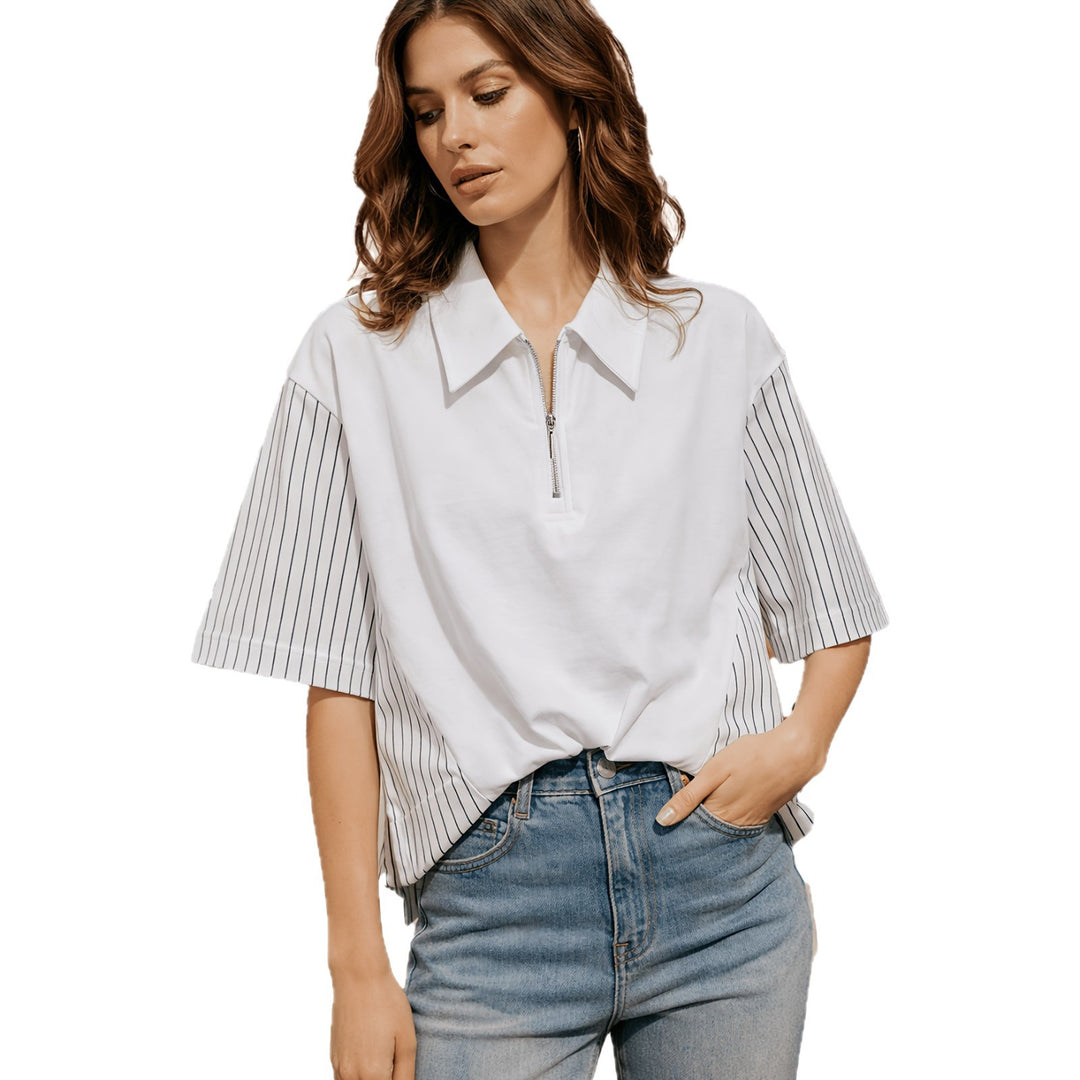 Damen Modisches Polo Shirt mit trendigen Streifen und Reißverschluss EB