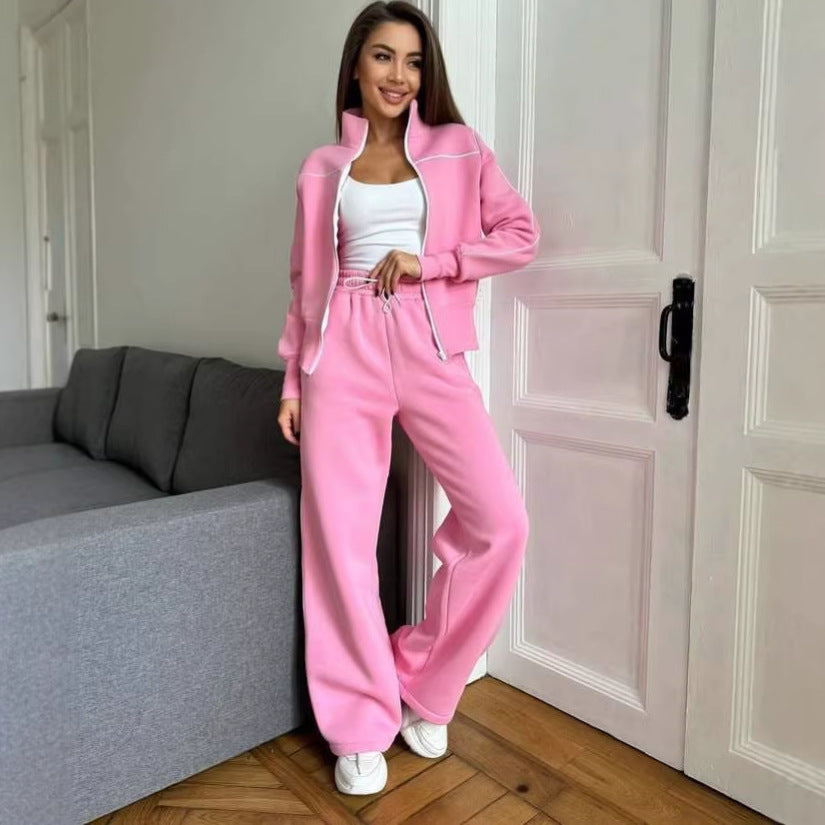 Damen Zweiteiliges Jogginganzug-Set mit Stehkragen, Kontrastpaspel und weitem Bein EB
