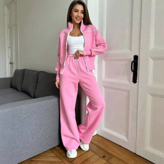 Damen Zweiteiliges Jogginganzug-Set mit Stehkragen, Kontrastpaspel und weitem Bein EB