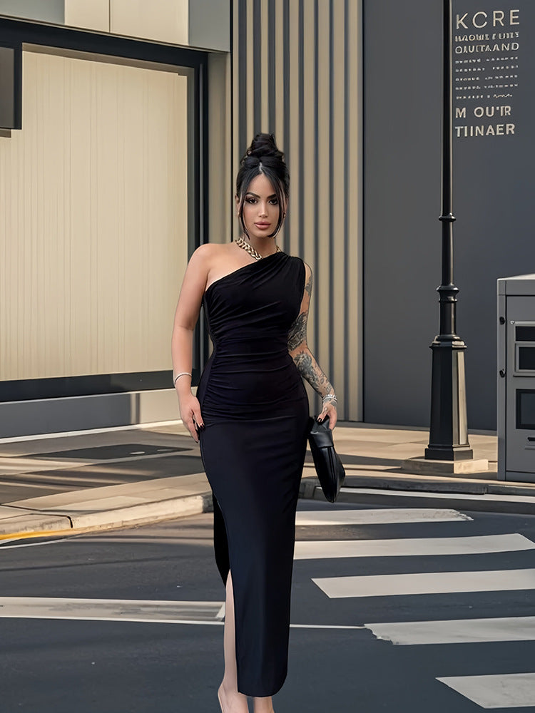 Damen Elegantes Wickelkleid mit asymmetrischem Schnitt und schimmerndem Oberteil EB