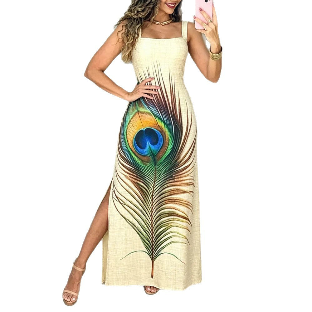 Damen Maxikleid mit grafischem Pfauenfeder-Druck und praktischen Seitentaschen EB