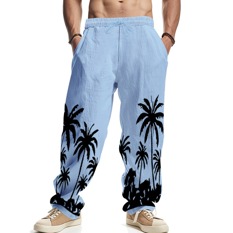 Herren nan weite Freizeit-Hose aus Baumwoll-Leinen-Mix mit Palmenprint, Elastikbund und Kordelzug EB