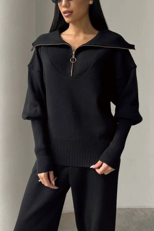 Damen sportliches Set aus weichem Fleece mit Stehkragen und elastischem Bund EB