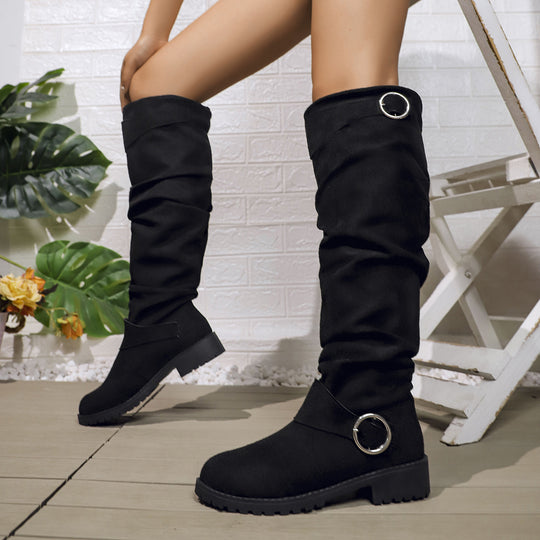 Damen modische Overkneestiefel mit lässigem Falten-Look und robustem Profil EB