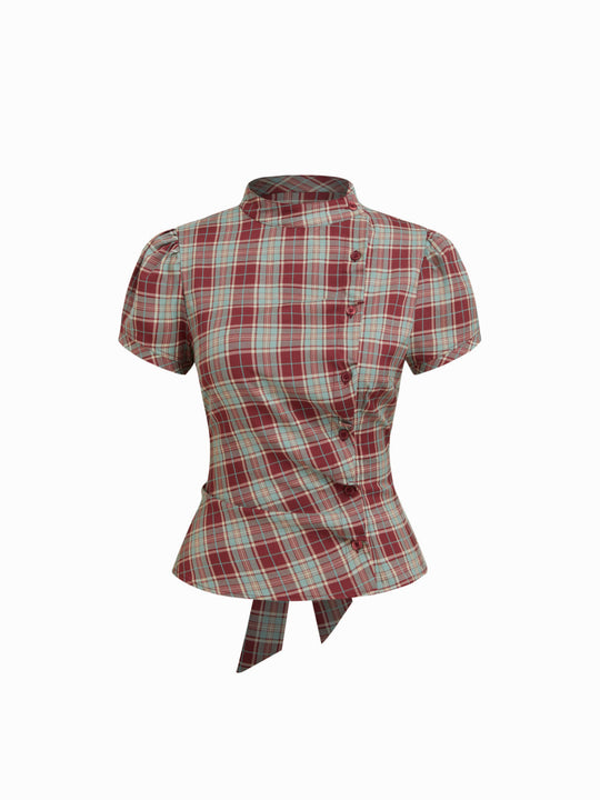 Damen Karierte Bluse mit hoher Taille und Puffärmeln EB