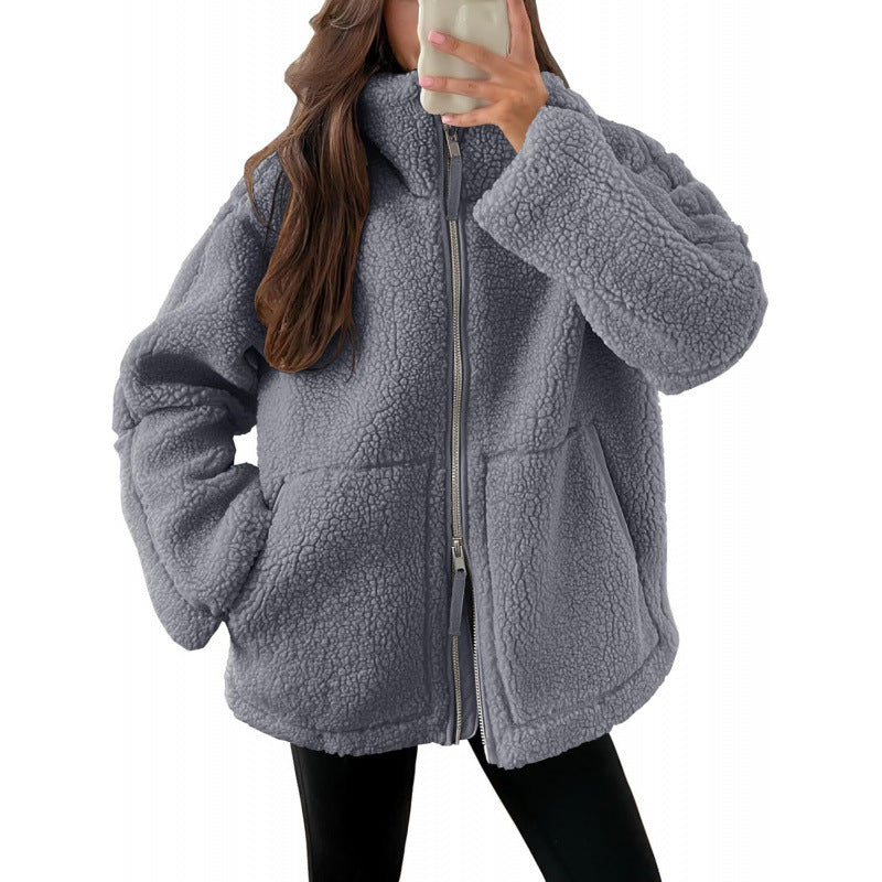 Damen Kuschelige Teddyfelljacke mit hohen Kragen und Reißverschluss EB