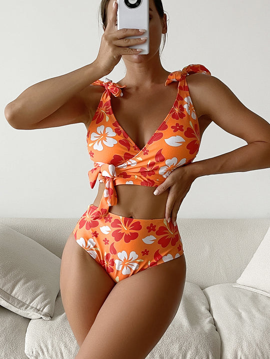 Damen Hochtaillierter Blumen-Bikini-Set EB