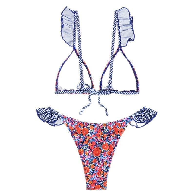 Damen Triangel-Bikini mit verspielten Rüschendetails und floralem Muster EB