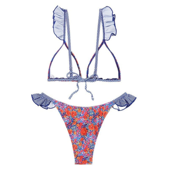 Damen Triangel-Bikini mit verspielten Rüschendetails und floralem Muster EB